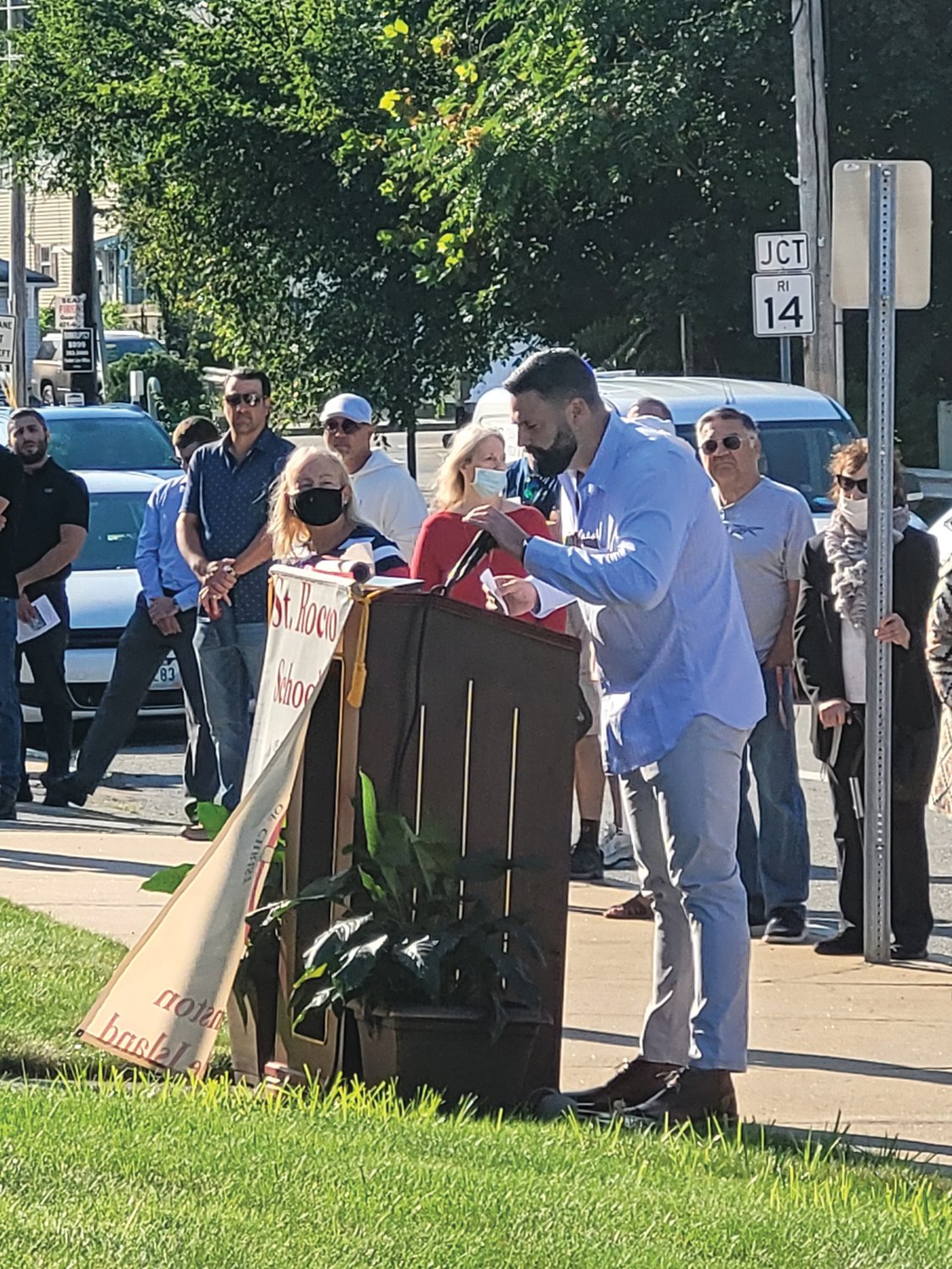NEVER FORGET: Matthew Newell lost his mother Renee on Sept. 11, 2001. He thanked the crowd gathered outside St. Rocco School last Friday, for gathering to remember her life, and the nearly 3,000 others who died that day.